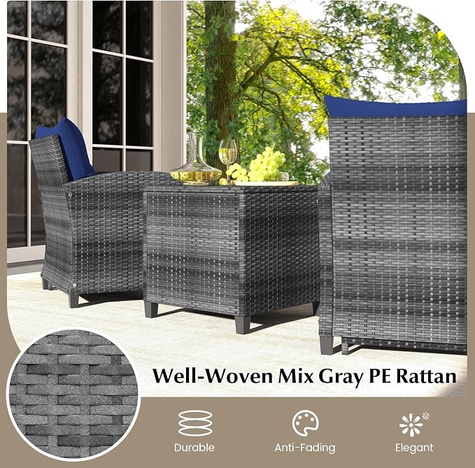 COSTWAY 5-Piece Rattan Conversation Set, Outdoor Wicker Sofa, Tempered Glass Coffee Table & Ottomans for Small Space, Boho Chic Indoor/Outdoor Furniture Set for Poolside, Backyard, Deck (Navy)