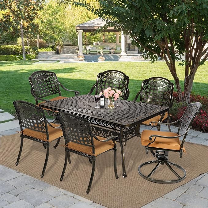 MEETWARM 7-Piece Outdoor Patio Dining Set, All-Weather Cast Aluminum Patio Conversation Set with 4 Stationary, 2 Swivel Rocker Chairs, 1 Rectangular Table, 6 Cushions, 2" Umbrella Hole
