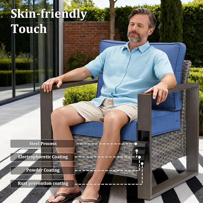 High Back Patio Furniture Set with Fire Pit Table, 4-Pieces Outdoor Furniture with Metal Arm Swivel Chairs, Wicker Conversation Set for Porch, Balcony, Deck and Yard, Grey/Blue