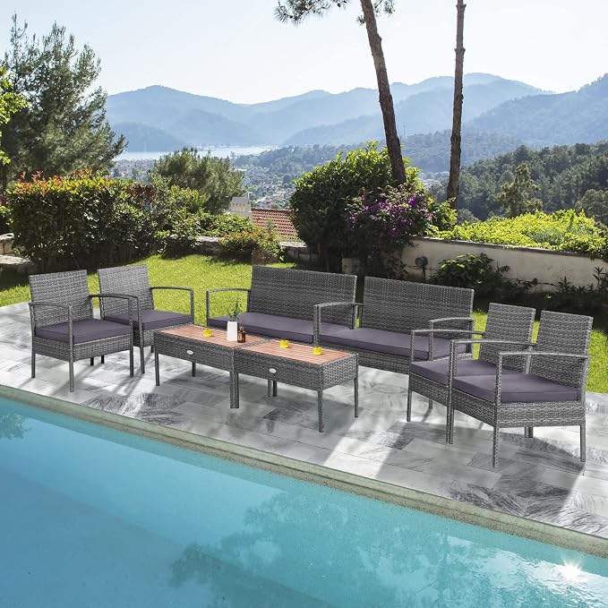 Tangkula 8 Pieces Rattan Patio Conversation Set, Patiojoy Outdoor Wicker Sofa with Seat Cushions, Heavy-Duty Steel Frame, Acacia Wood Tabletop, Outdoor Furniture for Poolside, Deck, Garden
