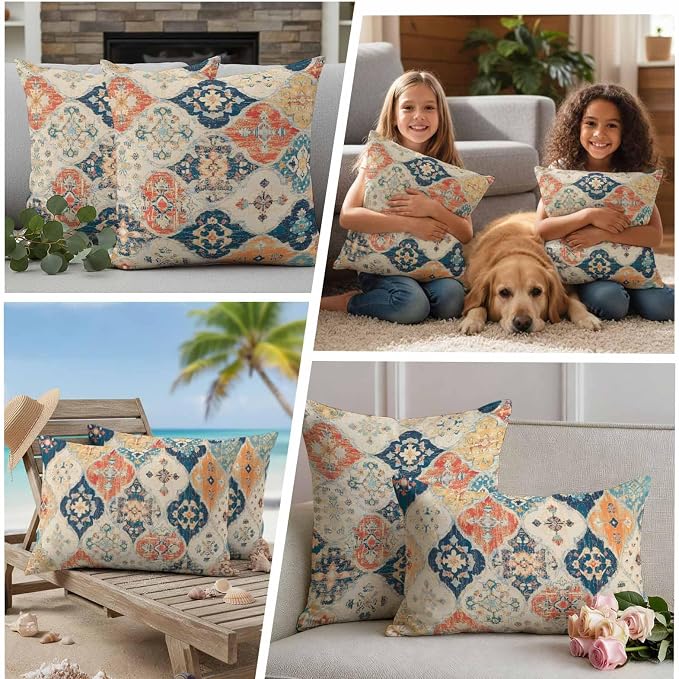 Outdoor Waterproof Pillow Covers for Patio Furniture Morocco Boho Decorative Throw Pillow Cover Vintage Ethnic Bohemian Pillowcases Set of 2 Cushion Case for Sofa Couch Chair Home Decor 20x20 inch