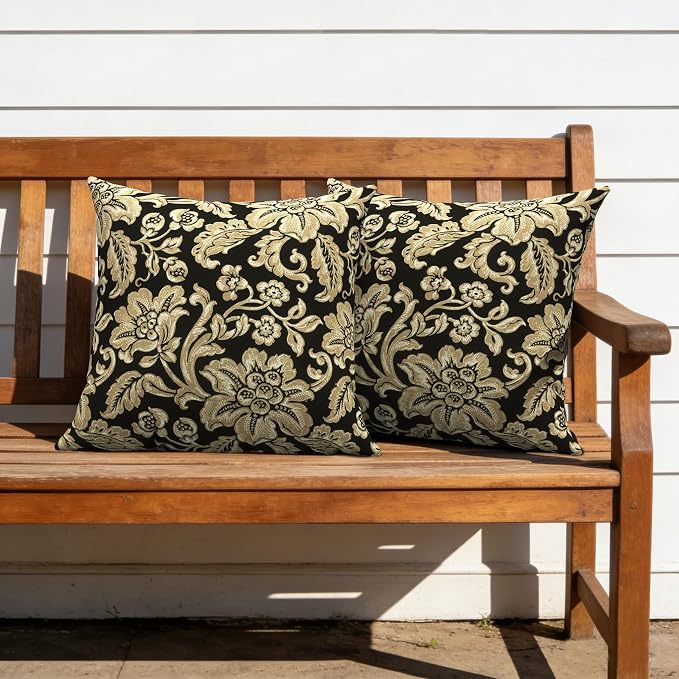 Outdoor Pillow Covers Waterproof 20x20 Inch Set of 2 Jacobean Black Decorative Outside Patio Furniture Cushion Cases Decor for Porch Garden