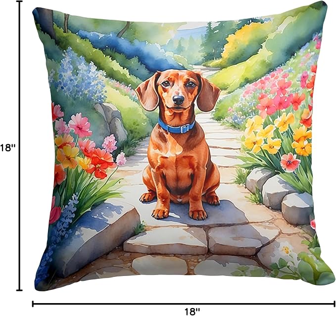 Caroline's Treasures Dachshund Spring Path Throw Pillow Machine Washable, Indoor Outdoor Decorative Pillow for Couch, Bed or Patio, 18Hx18W
