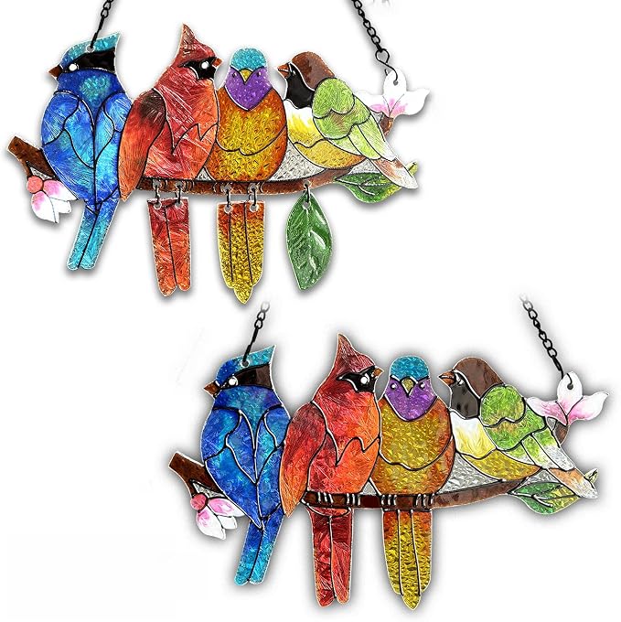 DASTOLL 2 Pack Stained Glass Window Hanging - Hummingbird Decorations Suncatcher Hand-Painted Double Sided Birds on A Branch Sun Catcher for Window Home Decor Gifts for Mom,Bird Lovers