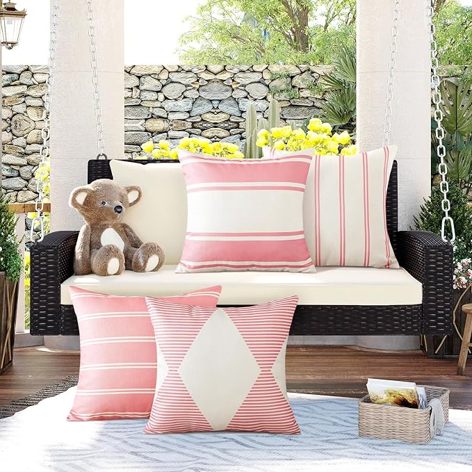 OTOSTAR Decorative Outdoor Throw Pillow Covers 16x16 Inch Waterproof Geometry Pillow Cover Garden Cushion Case Patio Outdoor Pillows Shell for Couch Indoor Tent Park Furniture Balcony Set of 4 (Pink)