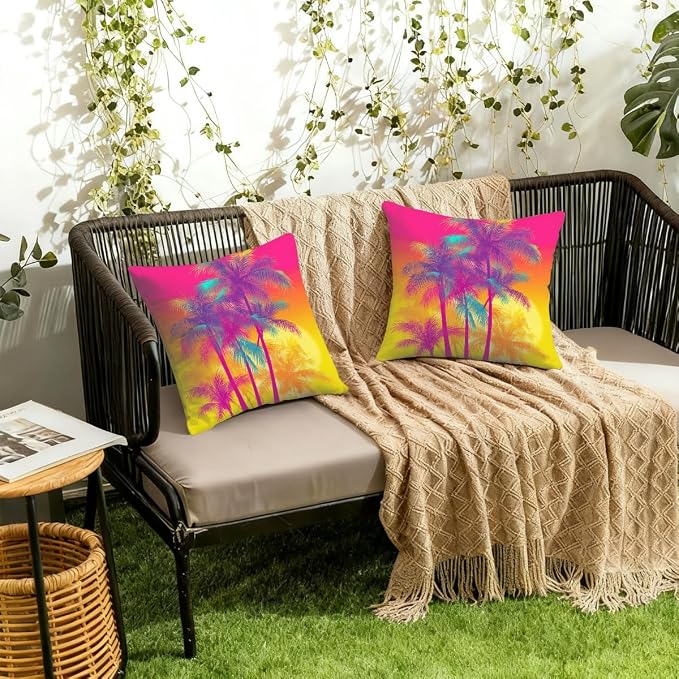 18x18 Inch Outdoor Pillow Covers Set of 2 Waterproof Throw Pillow Covers Decorative Couch Cushion Covers Pink Neon Palm Trees Square Pillowcases Protectors for Patio Garden Sofa