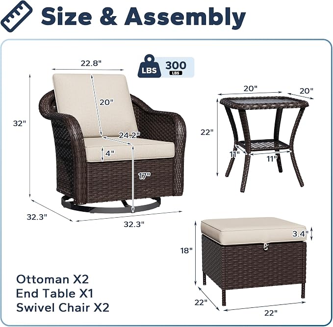 5 PCS Outdoor Conversation Set | 2 Swivel Chairs, 1 Side Table, 2 Ottomans, Patio Wicker Furniture with Removable Cushions for Bistro, Deck, Sunroom(Beige)