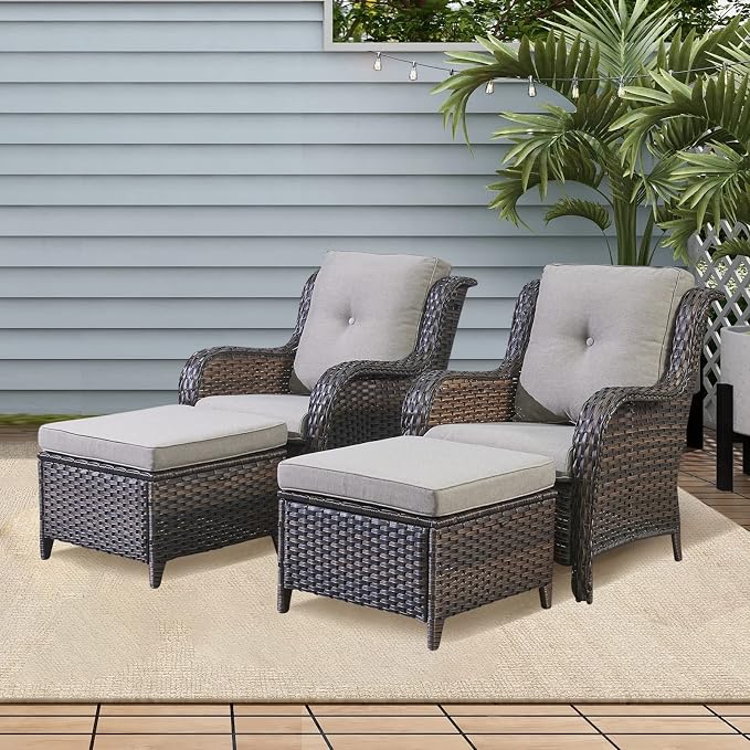 Rilyson Luxury 4 Pieces Patio Wicker Furniture Ottomans, Wicker Patio Chairs Set of 2 with Ottoman, Rattan Outdoor Porch Chair with Thick Cushion for Balcony Deck Yard and Porch (Brown/Grey)