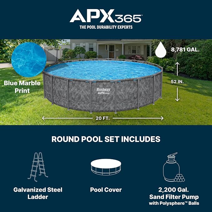 Bestway APX 365 20' x 52" Above Ground Pool, Round Metal Frame Outdoor Swimming Pool Set with Sand Filter Pump, Ladder, and Cover, Dark Marble