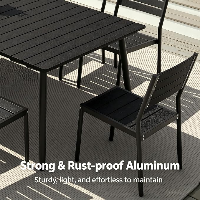 9-Piece Outdoor Dining Set for 8 Person with Black Wood-Grain Top | Armless Stackable Chairs with 19.4" Seat Depth, Aluminum Frame Dining Furniture with Umbrella Hole for Deck, Porch & Backyard