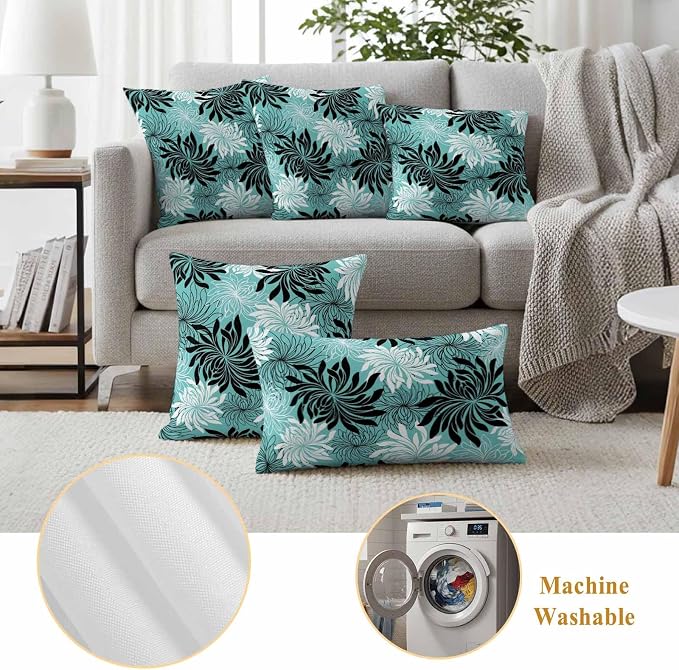 Yukro Teal Black Floral Outdoor Waterproof Pillow Covers Pack of 2, Vintage Teal White Black Flower Decorative Throw Pillowcases Cushion Covers for Garden Patio Tent Sofa Couch, 18x18 inch