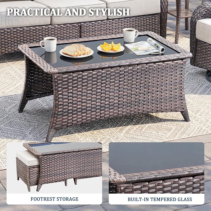 Luxury Swivel Rocker Chair Sofa Set with 6" Thick Cushions,8-Piece Wicker Patio Chair with Coffee Table and Ottoman,Outdoor Comfortable High Back Chair Patio Furniture Set - Brown | Beige
