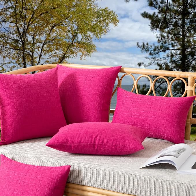 Kevin Textile Outdoor Waterproof 20”x20” Pillow Covers 2 Pack, Hot Pink | Water Resistant, Soft Faux Linen-cotton Yarn-dyed Woven Texture Throw Pillow Covers for Tent Patio Garden Couch Sofa