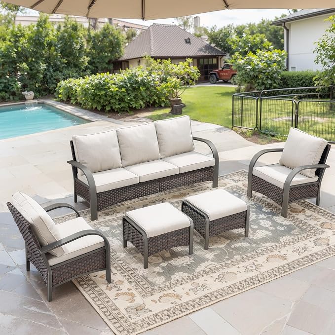 Belord 5 Piece Outdoor Wicker Furniture Set, High Back Deep Seating Patio Sofa Set with Metal Armrests Rattan Chairs, and Ottomans for Porch Deck Sunroom Backyard