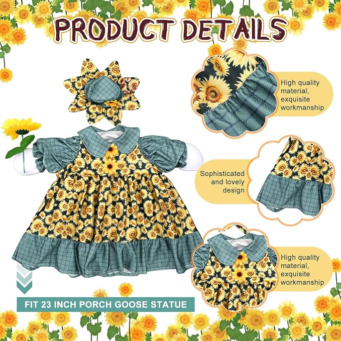 Soulchen 1 Set Sunflower Porch Goose Outfit 23 Inch Summer Sunflower Cement Goose Clothes Dress and Hat Costume Set for Back to School Summer Lawn Garden Yard Decor