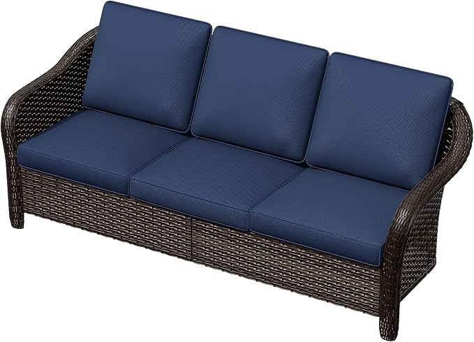 78" Wicker 3-seat Sofa, Outdoor Conversation Furniture, All-Weather Rattan Couch, Steel Frame Couch with Cushions for Garden, Poolside, Porch (Navy Blue)