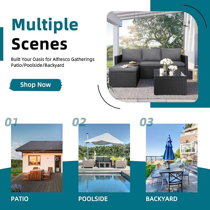 SUNLEI Patio Furniture Set with Detachable Soft Cushions, Outdoor PE Rattan Patio Conversation Sofa Set, 3-Piece Patio Sectional Sofa with Glass Coffee Table, Black Rattan/Royal Grey