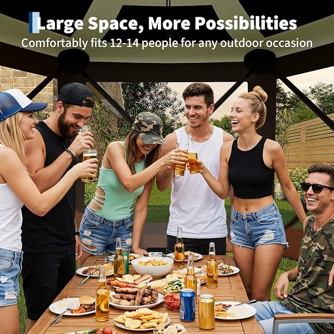 GarveeLife 13x13FT 6-Sided Pop Up Canopy Tent，One-Push Setup Canopy Tent with Removable Canopy Top & Wind Cloths, Outdoor shelter for Camping, Backyard Parties, Outdoor Events - Beige & Khaki