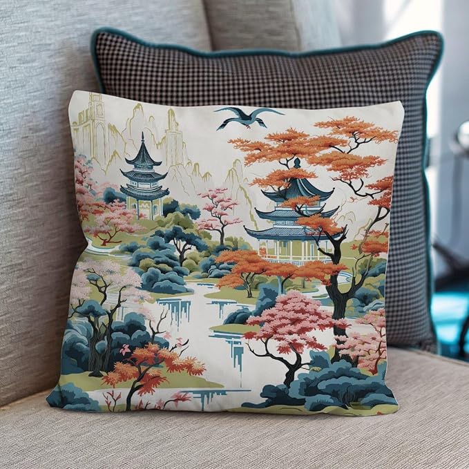 Chinoiserie Pagoda White Coral Blue Throw Pillow Covers Chinoiserie Chic Asian Throw Pillow Cover Classic Outdoor Garden Decoration for Patio Garden Sofa Chairs 20x20 in