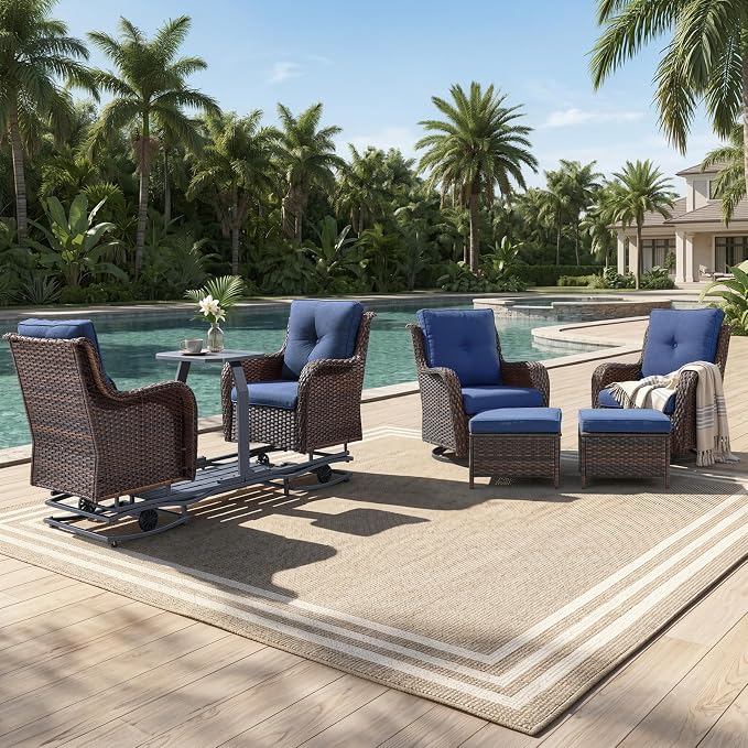 Rilyson Luxury Wicker Outdoor Conversation Set with Glider Rocker Chairs, 5 Pieces Patio Furniture Set with Rattan Swivel Rocker Chairs and Ottomans All Weather Brown/Blue