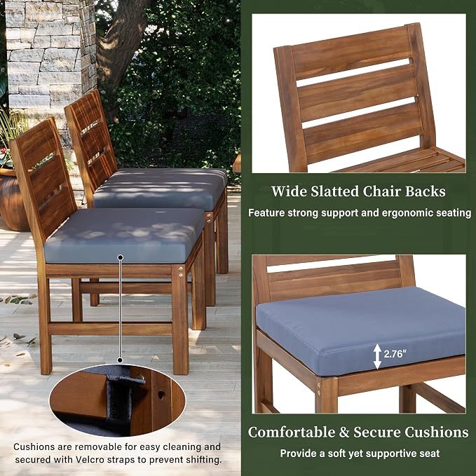 Acacia Wood Outdoor Dining Set for 4, All-Weather Patio Dining Set with Rectangle Dinning Table and 4 Chairs& Cushions for Garden Backyard Lawn (Brown+Gray c)