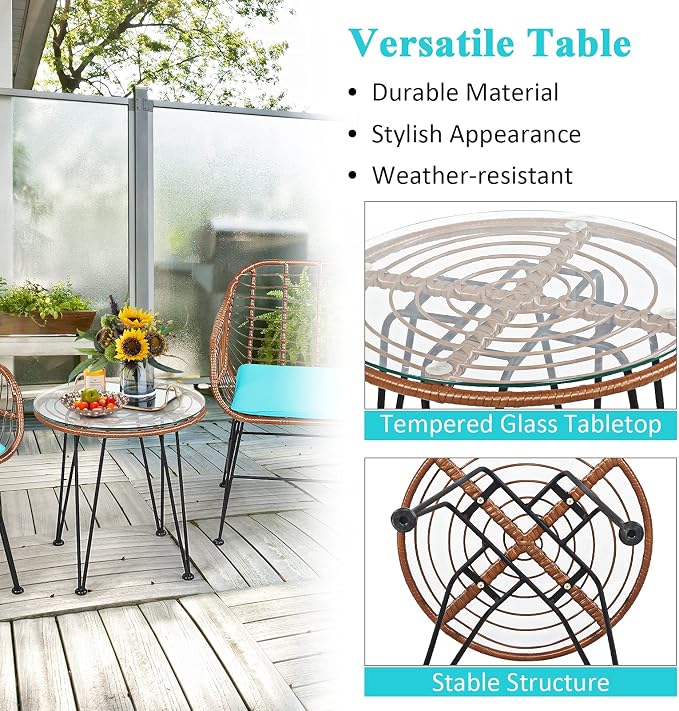 COSTWAY 3 Pieces Patio Bistro Set, Outdoor Rattan Conversation Seating Chair Set with Coffee Table & Soft Cushions, Indoor Wicker Furniture Set for Garden, Balcony, Porch, Pool, Turquoise