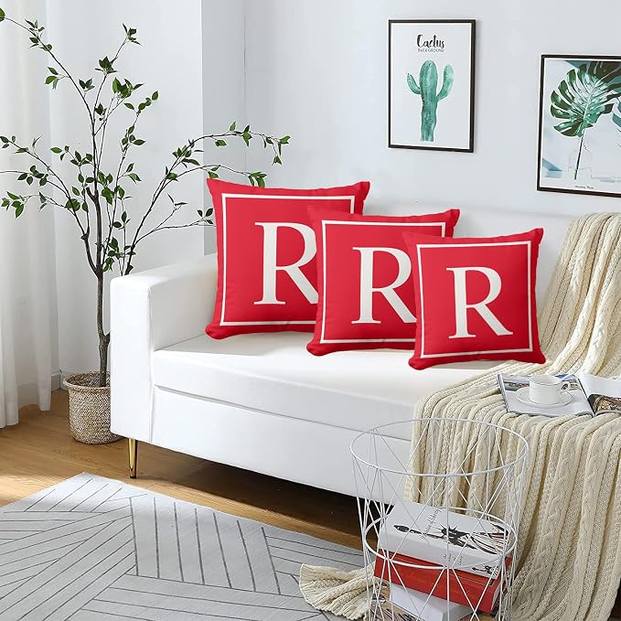 Monogram Initial Red White Outdoor Pillow Covers 16 x 16inches Decorative Pillow Case for Sofa Couch Bed (Pillow Insert Not Include)