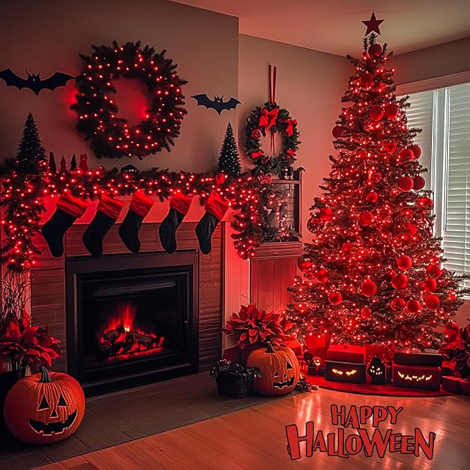 JMEXSUSS 163 FT 500 LED Red Halloween String Lights Indoor Outdoor | Clear Wire Red Lights Plug in, 8 Modes Christmas String Lights Outdoor Waterproof for Xmas Tree Bedroom Room Halloween