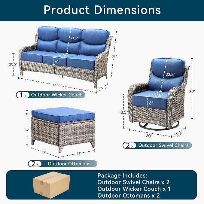 Luxury High Back Outdoor Furniture with 6-Inch Thick Cushions, Patio Furniture Set with Swivel Chairs, 5 PCS Wicker Conversation Set for Porch, Balcony, Deck and Yard