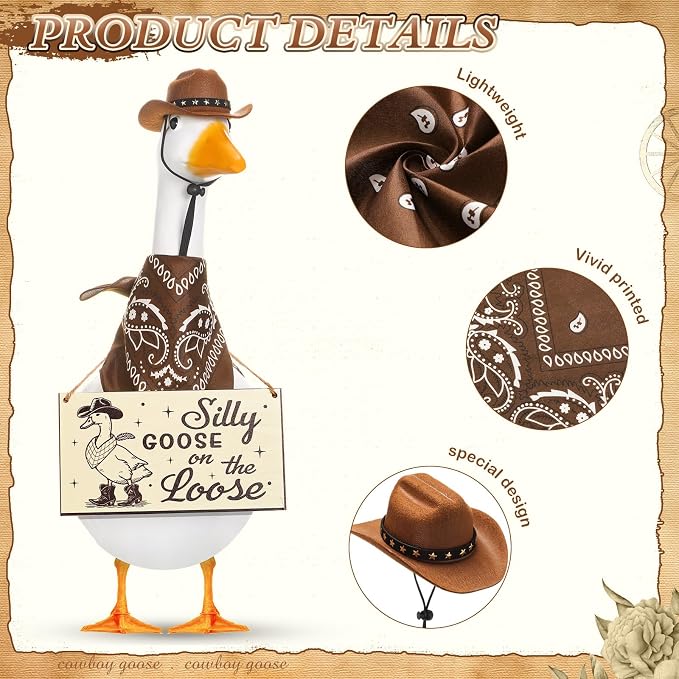 Funny Porch Goose Outfit Decoration Set Silly Goose on The Loose Hangings Sign Cowboy with Outfit Cowboy Hat Bandana for 23" Cement/Plastic Outdoor Statue Patio Yard Lawn Art(Brown)