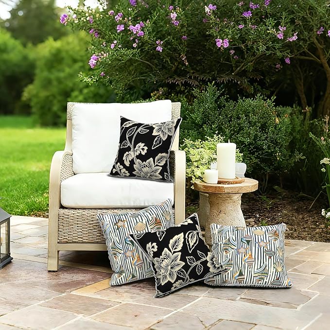 LVTXIII Outdoor Throw Pillows 20x20 Patio Waterproof Square Pillows with Piping Fade Resistant Accent Pillow for Spring Summer Garden Decoration, Set of 2, Elegant Vines Black