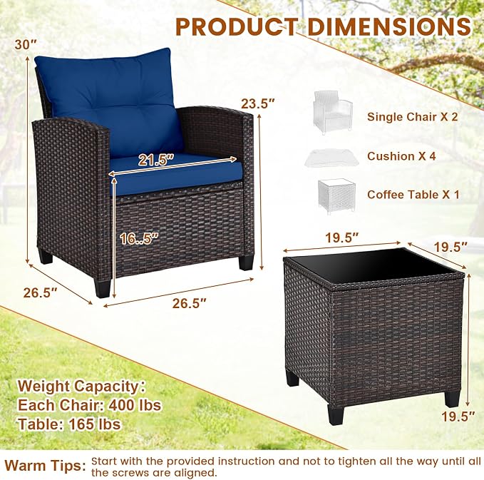 3-Pieces Patio Furniture Set, PE Wicker Chairs Sofa Set with Removable Cushions & Glass Top Side Table, Outdoor Wicker Rattan Conversation Chair for Porch,Backyard, Balcony (Navy Blue)