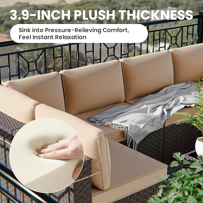 9 Pieces Outdoor Patio Furniture Set,Outdoor Sectional Furniture All Weather PE Rattan Wicker Patio Conversation Set with Coffee Table and 8 Thickened Cushions,Sand
