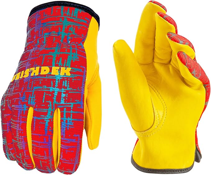 Kids Genuine Leather Work Gloves, Red, XL, 10-12 Years Old | Toddler 1-2Y, Reflective, Breathable Fabric Back, Flexible, Hand Protection, Kids Garden Gloves for Yard Work, Outdoor
