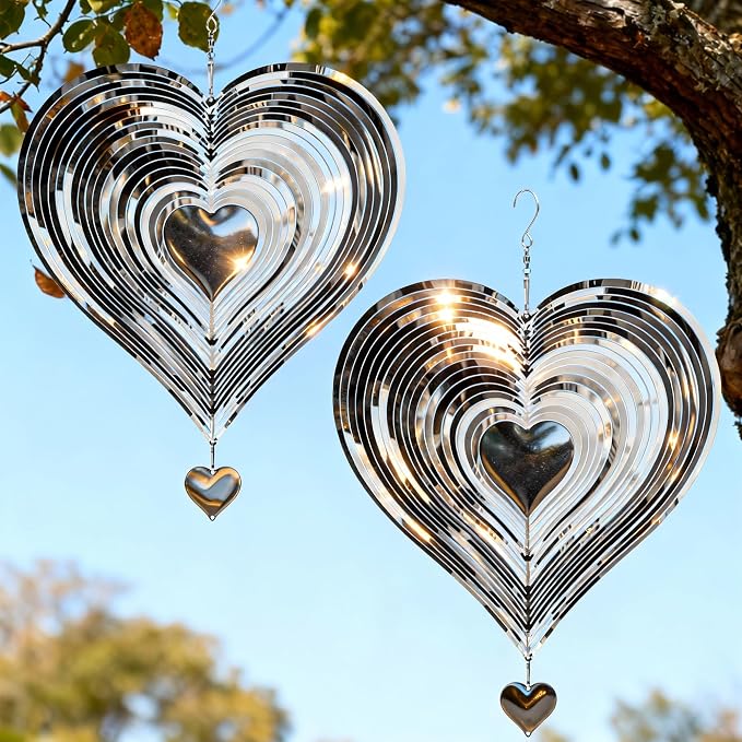 Wind Spinner 12-Inch Garden & Yard Decor, Birthday Gift for Mom | Hanging Yard Art, Garden Decoration for Outdoor and Indoor, Birthday Gift for Women, 3D Heart, Stainless Steel, 2 Pack