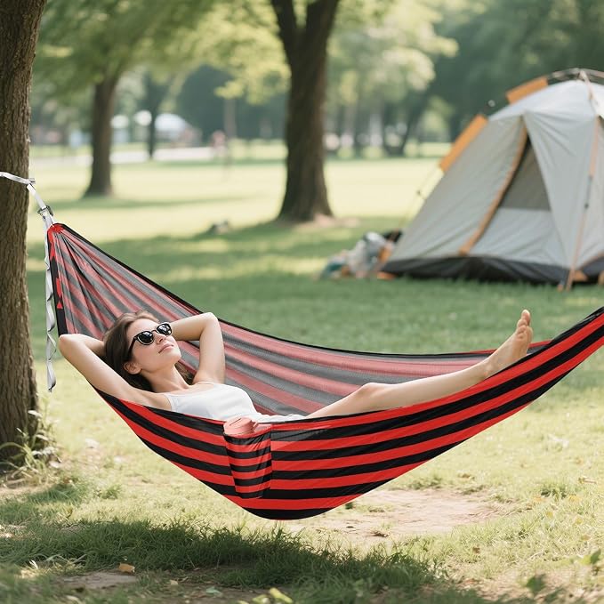 Camping Hammock Outdoor Hammocks for Outside Black Red Stripe Beach Trees Portable Lightweight with Pockets Tree Straps Indoor