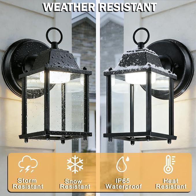 Outdoor Wall Light Fixture, Rustproof Aluminum, Clear Glass, LED | Exterior Porch Light Wall Sconce Lantern for House, Patio, Garage, Waterproof Anti-rust, 9.5W 800 Lumen, 5000K, Black, 2 Pack