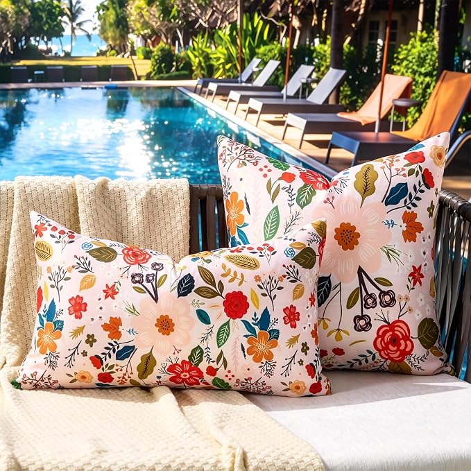 Waterproof Floral Throw Pillow Covers Outdoor Pink Decorative Summer Pillow Covers Accent Square Couch Covers Garden Farmhouse Cushion Cases 16x16 Inch Set of 2 for Patio Tent Balcony Furniture Sofa