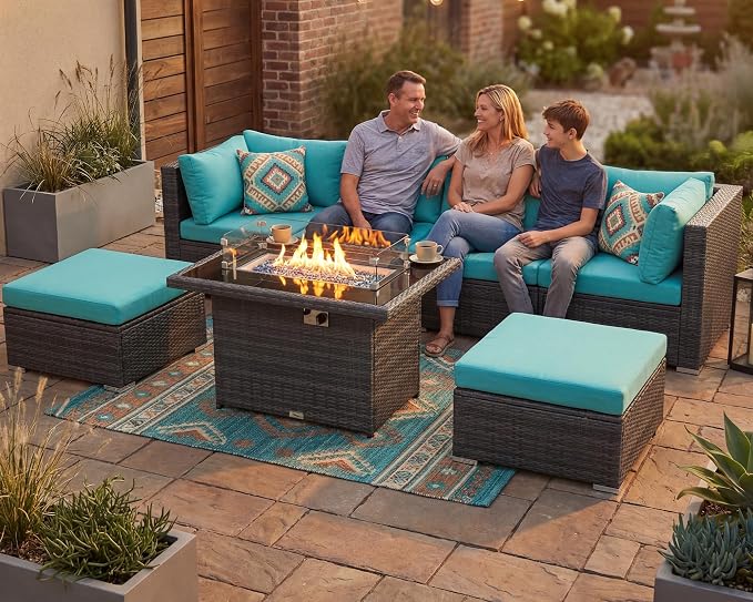 RADIATA 7 Piece Wicker Patio Furniture Set with Fire Pit, All-Weather Outdoor Sectional Couch High Back Large Size, Modular Backyard Seating Sofa Set with Propane/Natural Gas Firepit Table, Grey&Teal