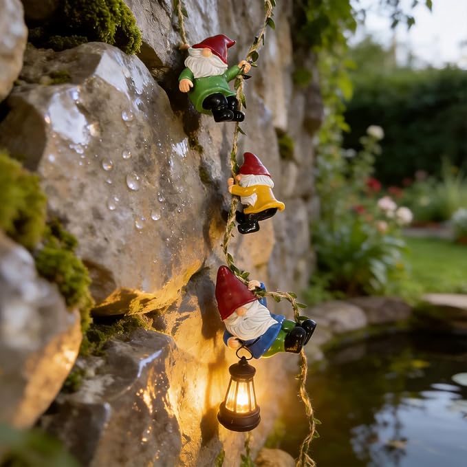 Garden Gnomes Hanging Solar Lights, 3-Pack Climbing Rope Gnome Statues with LED Lantern, Resin Outdoor Decor for Yard Patio Door Tree Fence Wall, Housewarming Gifts for Women Mom Grandma