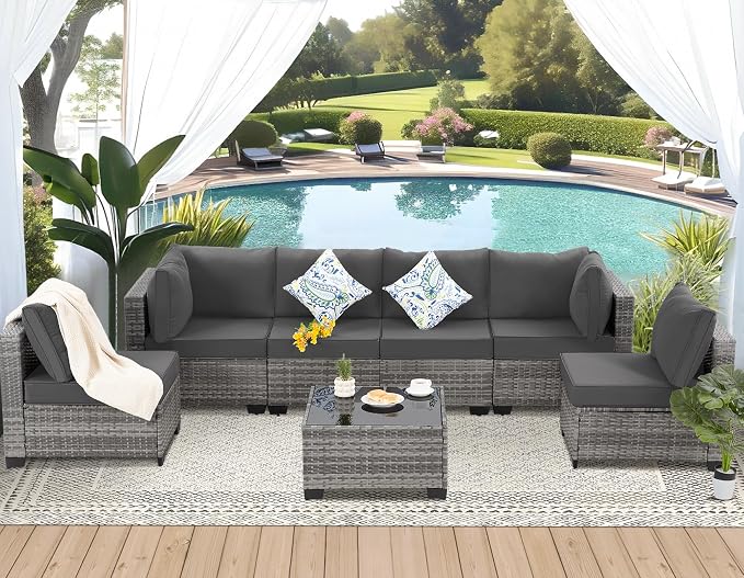 FHFO 7 Piece Outdoor Wicker Patio Furniture Set, Grey/Dark Grey | Sectional Sofa | All-Weather Hand-Woven Rattan | Tempered Glass Coffee Table | Free Combination | Indoor & Outdoor Use