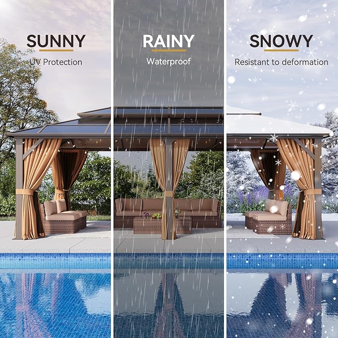 Aoxun 12'x20' Hardtop Gazebo, Outdoor Metal Gazebo with Double Polycarbonate Roof Canopy, Permanent Pavilion with Netting and Curtains for Lawn, Garden, Patio (Brown)