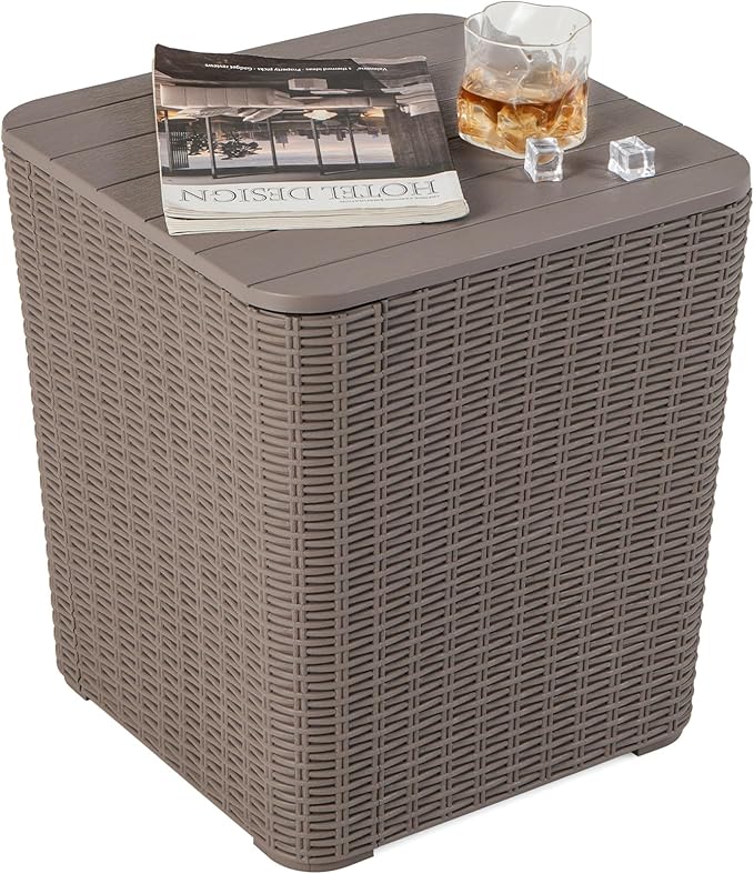 LDAILY 11.5 Gallon Outdoor Storage Box, Deck Box with Table Top & Stool, Resin Wicker Patio Side Table with Storage, Removable Lid, 330Lbs Capacity for Poolside, Balcony (Brown)