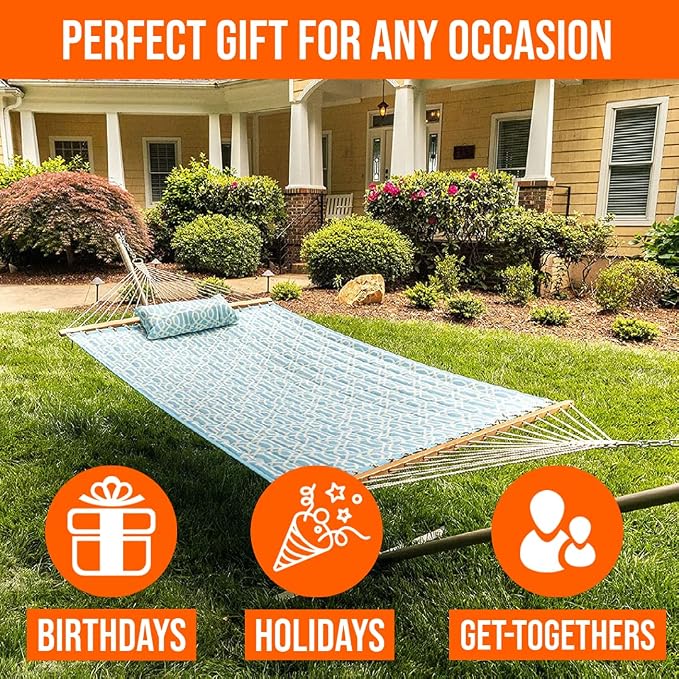 Castaway Living Large 2-Person Quilted Hammock with Stand & Pillow – Light Blue, 10 ft. L x 52 in. W, 350 lb Capacity, Weather-Resistant Polyester, Portable Space-Saving Frame