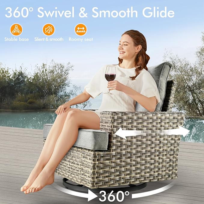10 Pcs Outdoor Sectional Patio Furniture Set with Fire Pit Table and Swivel Rocking Chairs - All Weather Wicker Modular Outside Sectional Couch,Patio Seating Outdoor Conversation Sets,Dark Grey
