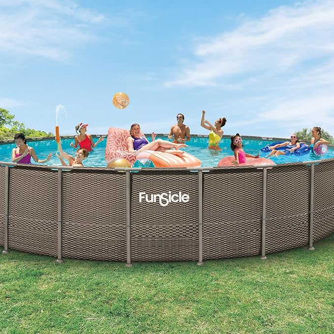 Funsicle Oasis Designer Above Ground Metal Frame Swimming Pool Set – with Sand Filter Pump, Ladder, Cover, Cloth & Maint. Kit, 24' x 52", Round, Double Rattan