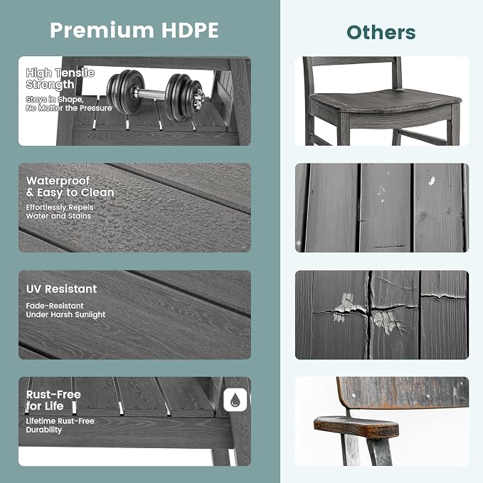 Pamapic 6 PCS Outdoor Dining Set, Spacious HDPE Outdoor Table with 4 Chairs and 1 Bench, Wood Grain Patio Furniture Sets with Elegant Armrest, All-Weather Patio Dining Table with Umbrella Hole, Gray