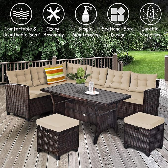 Tangkula 5 PCS Patio Furniture Set, Outdoor Conversation Set with 6 Cushioned Seat 2 Ottomans & Coffee Table, All Weather Wicker Dining Table Set with Ottoman, Rattan Sectional Couch Sofa Set