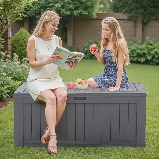 Flamaker Resin Deck Box 120 Gallon Waterproof Large Outdoor Indoor Storage Box Imitation Wood Resin for Patio Furniture Garden Tools and Pool (Gray)