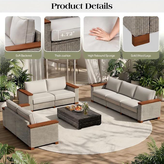 PaPaJet 7-Piece Wicker Patio Furniture Set with Solid Wood Armrest, Outdoor Patio Set with Thick Legs, UV-Resistant Modular Outdoor Sectional Sofa for Backyard, Porch, Garden